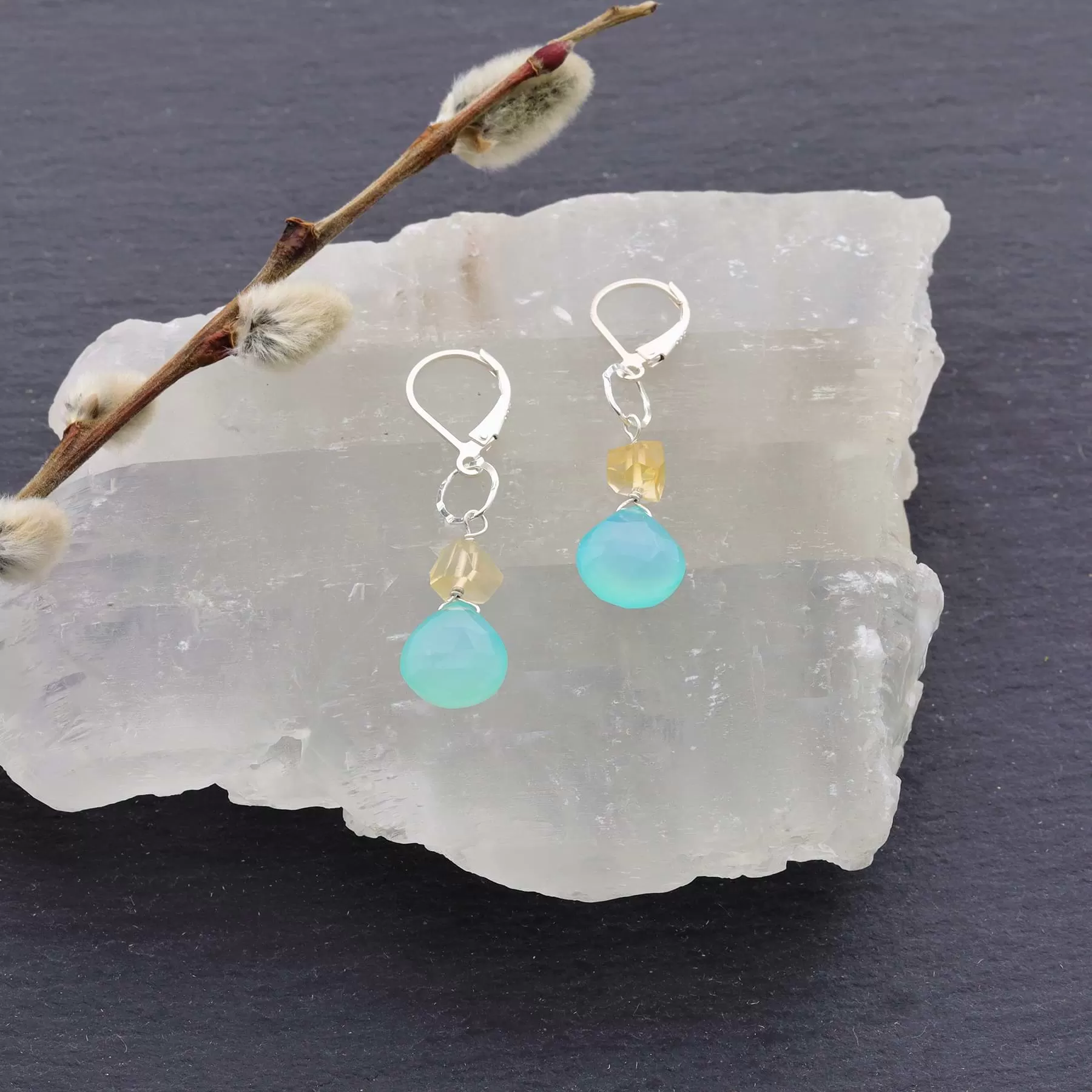 Larkspur Earrings - Silver Seafoam Chalcedony Drop Earrings