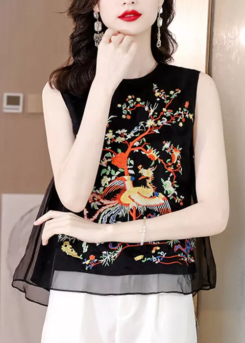 Loose Black O-Neck Embroidered Tulle Tank Sleeveless QA1068