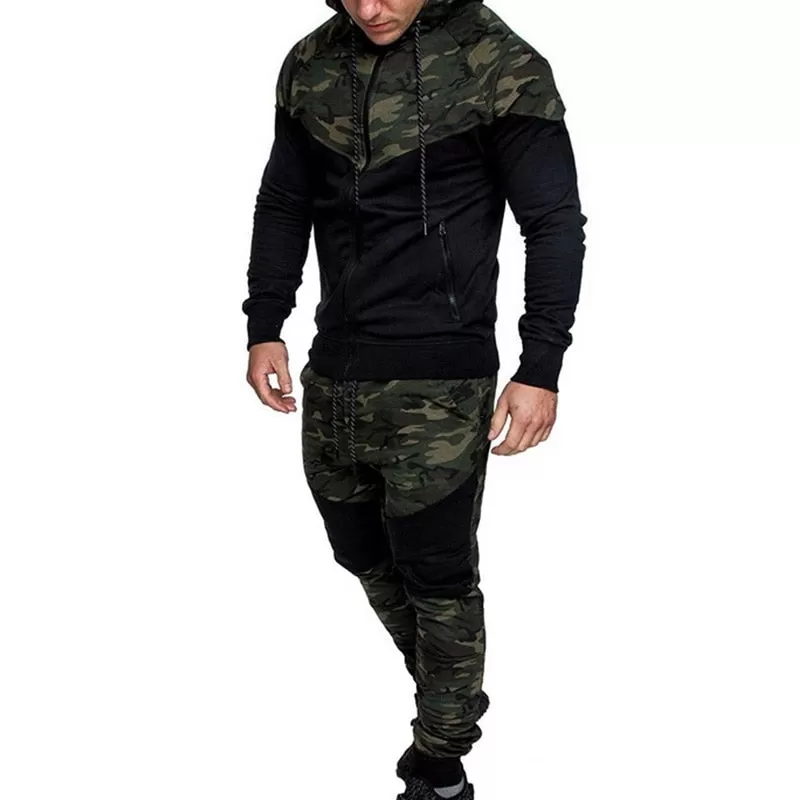 Men Running Set Camo Print Patchwork Sport Jacket Jogging Tracksuit