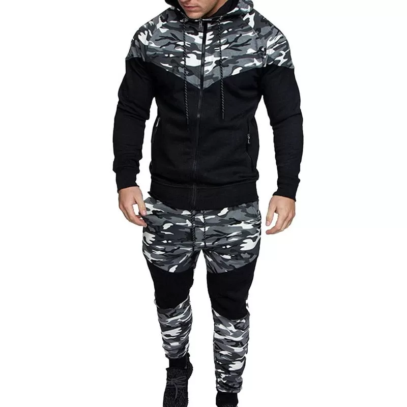 Men Running Set Camo Print Patchwork Sport Jacket Jogging Tracksuit