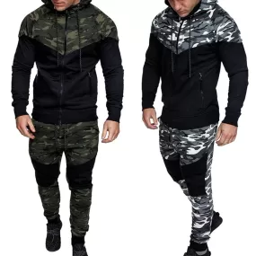 Men Running Set Camo Print Patchwork Sport Jacket Jogging Tracksuit