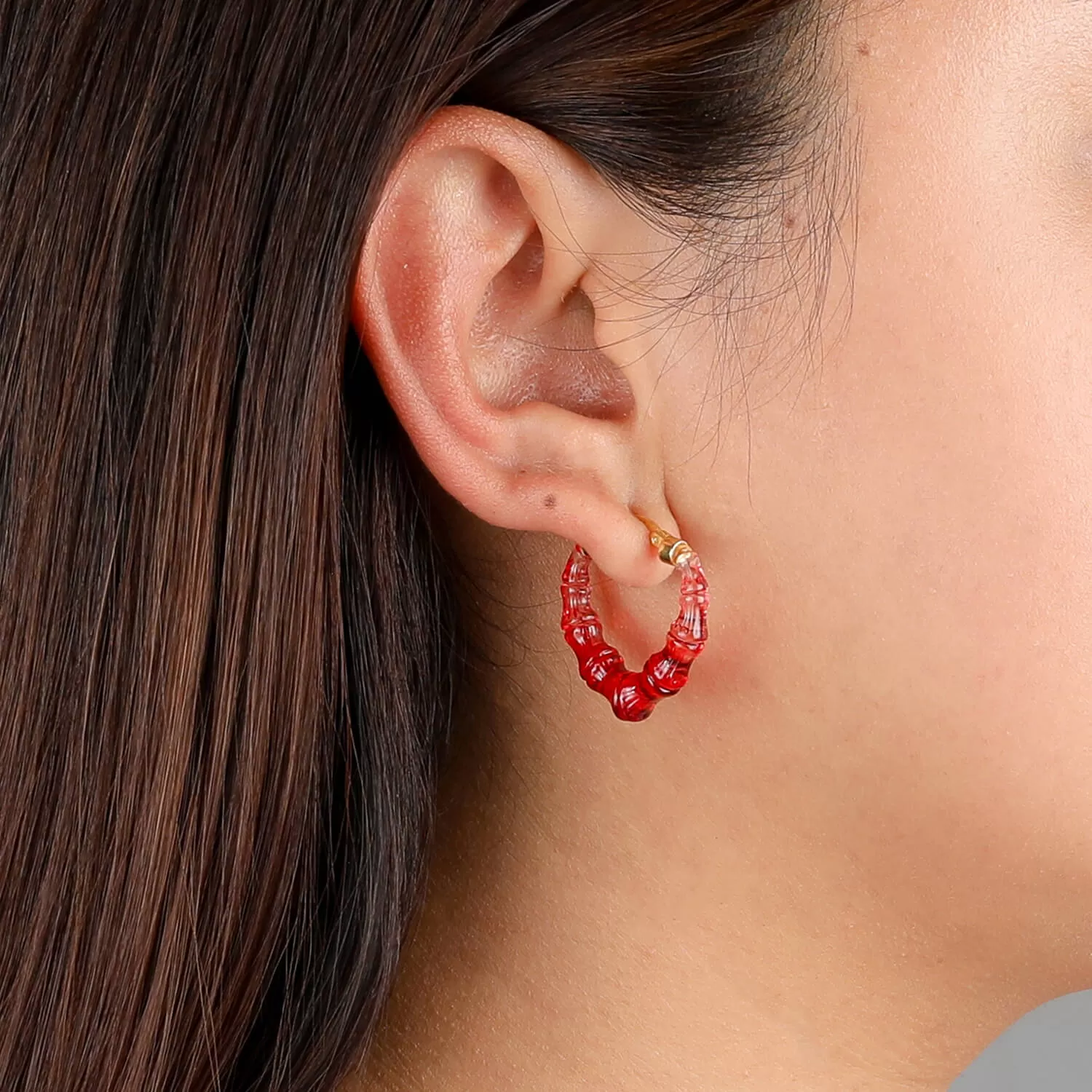 Mini Red Lucite Heart Bamboo Hoop Earrings