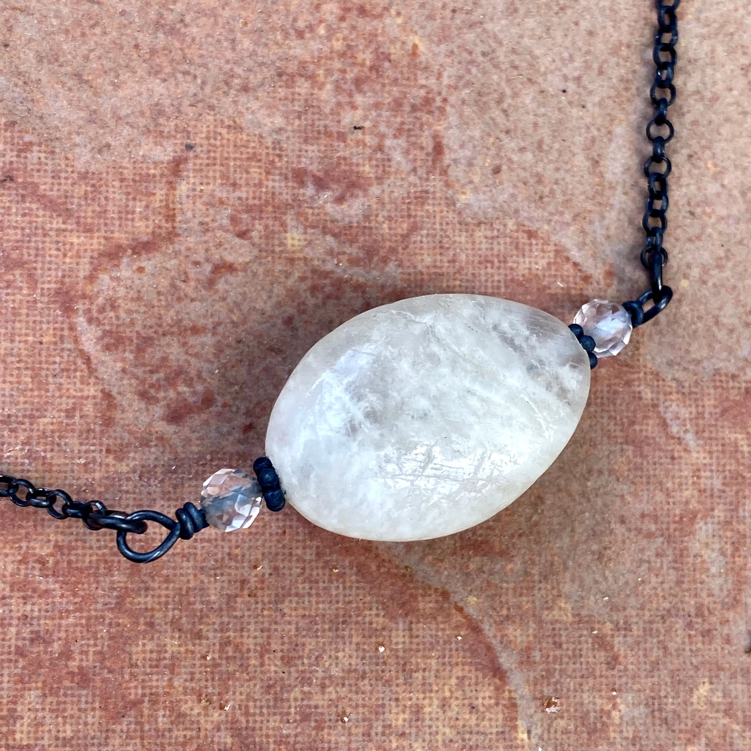 Oxidized Sterling Silver with Moonstone gemstone & White Topaz Necklace