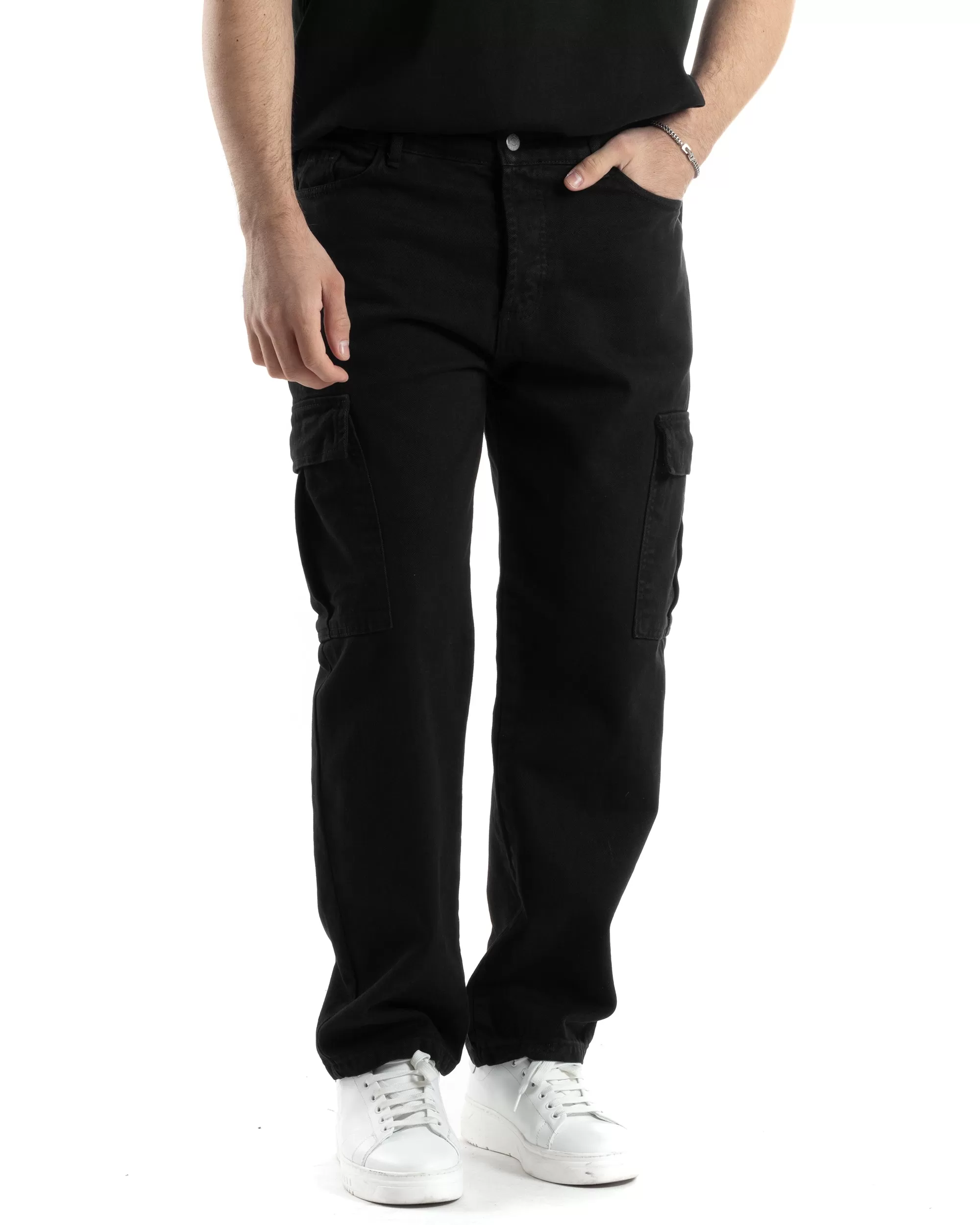 Pantaloni Uomo Cargo Tasconi Jeans Nero Straight Fit Casual GIOSAL-JS1015A