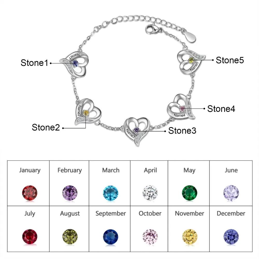 Personalized Cordate Charm Bracelets With 2 Birthstone