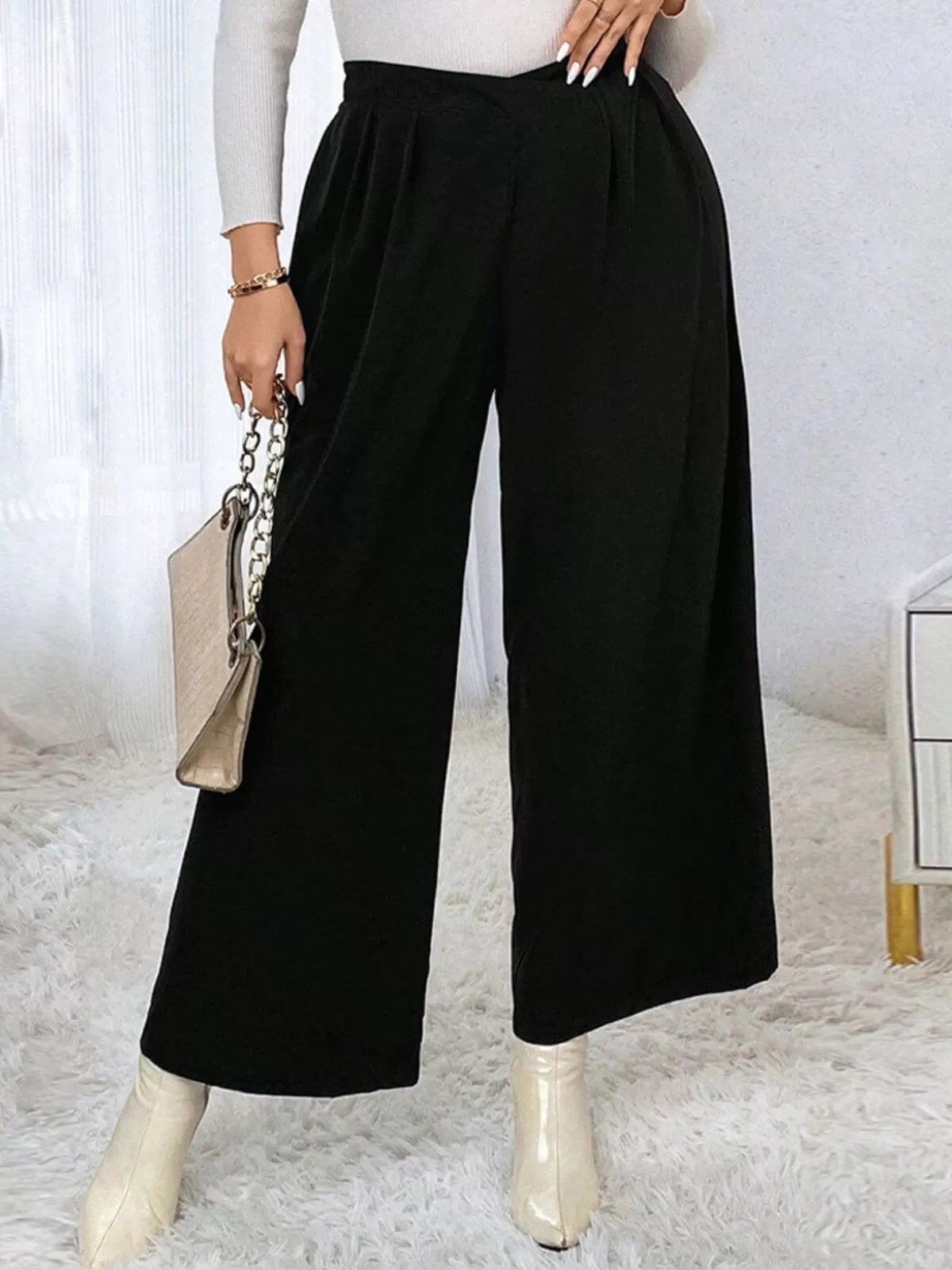 [Plus Size] Black 1940s Solid Pleated Waist Straight Pants