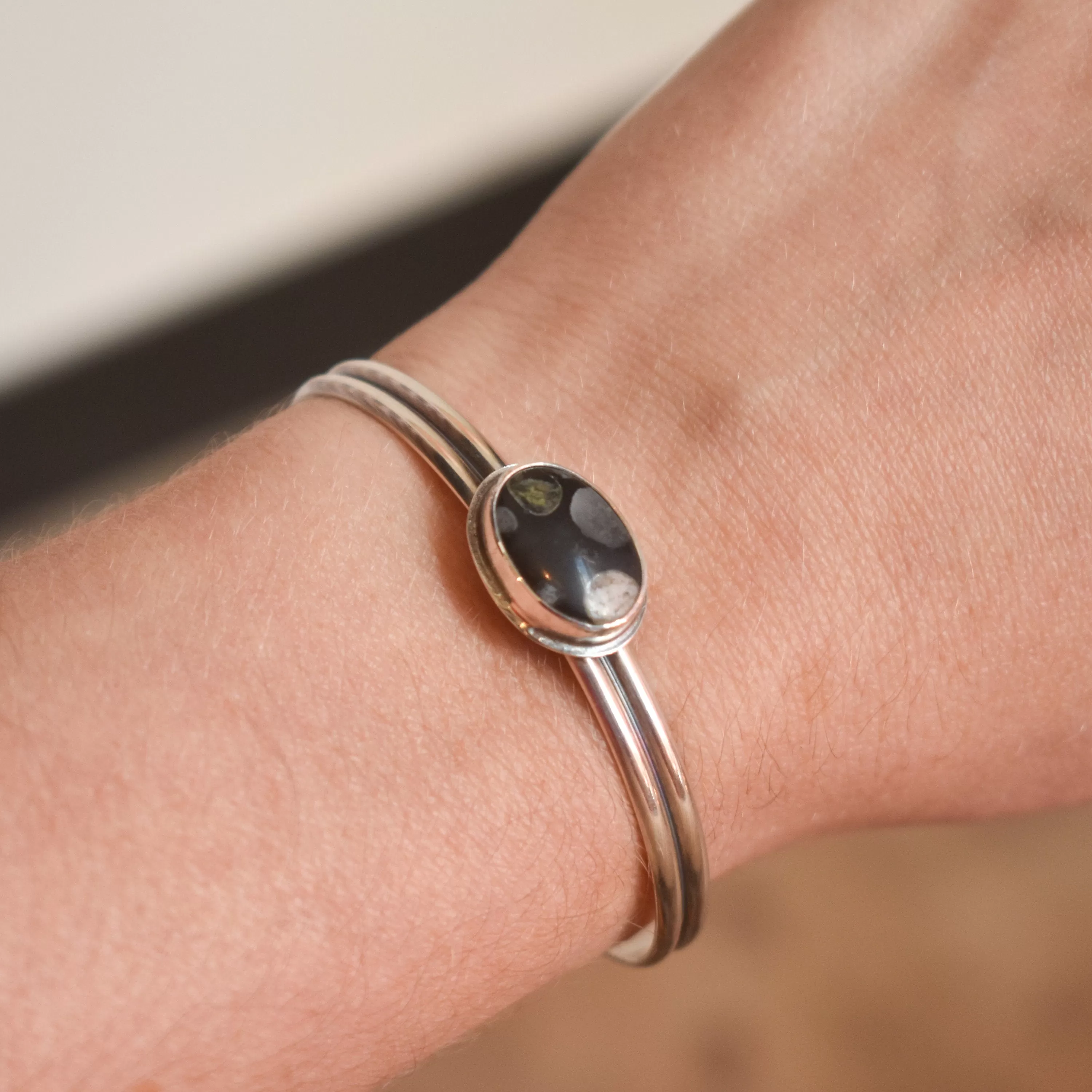 Ready to Ship -  Fossil Jasper Cuff Bracelet -  Silversmith Bangle - Natural Fossil