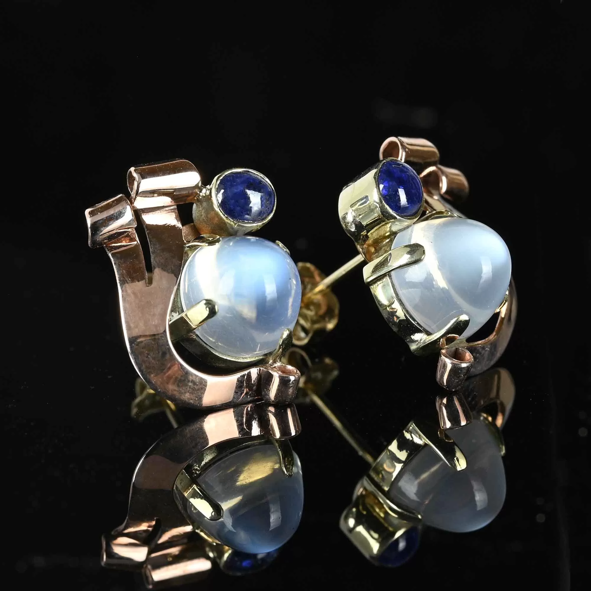 Retro 1940s Moonstone & Sapphire Earrings in 14K Gold