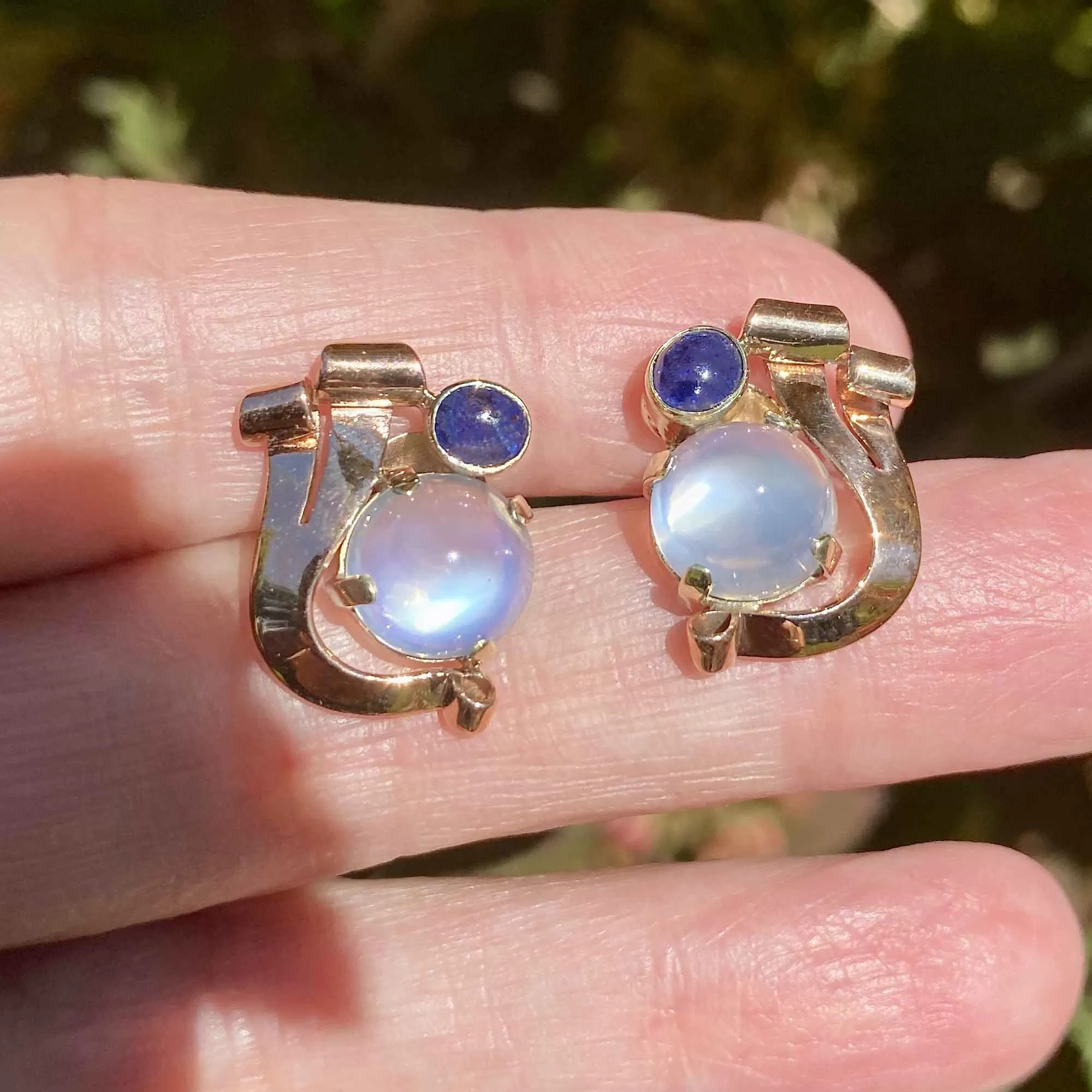 Retro 1940s Moonstone & Sapphire Earrings in 14K Gold