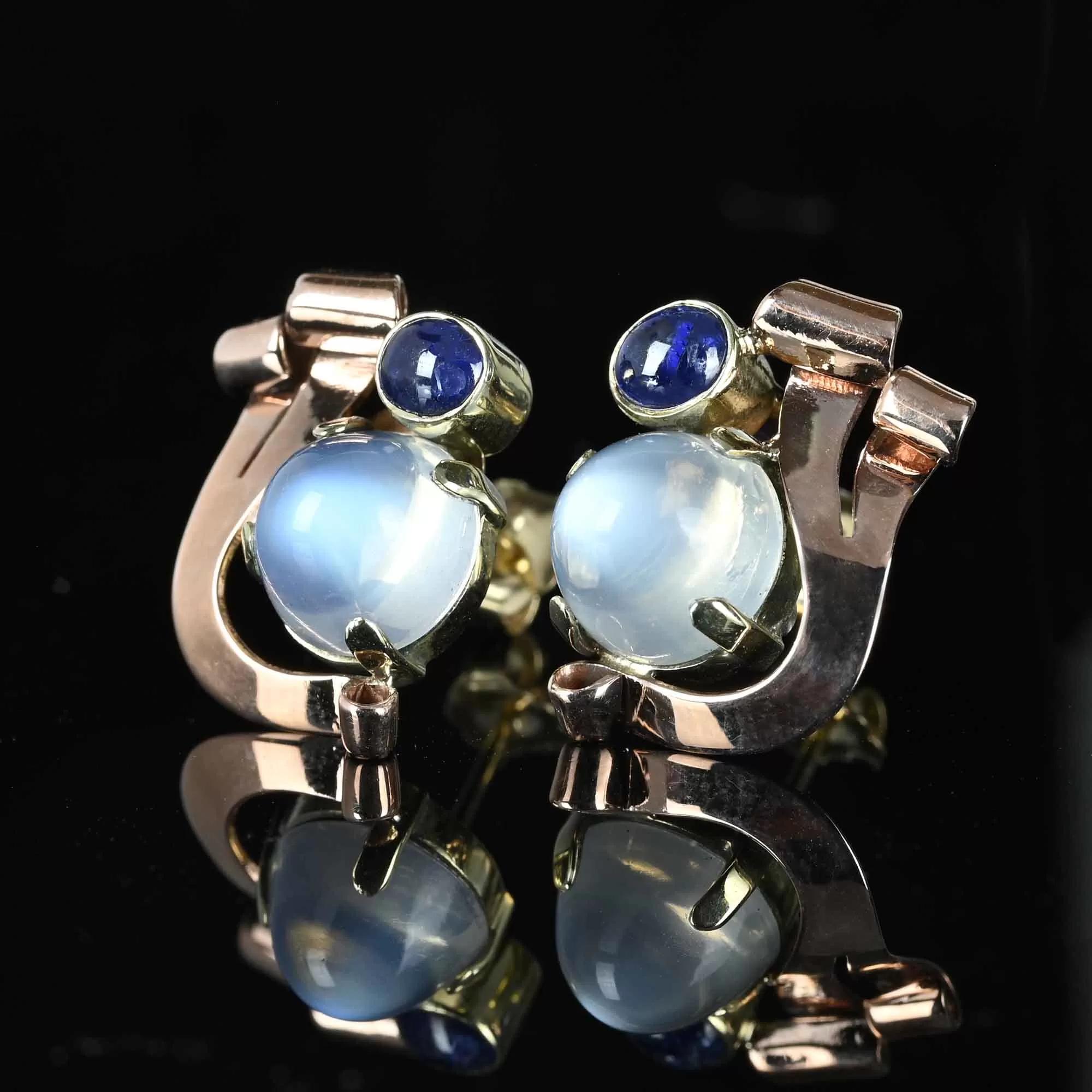 Retro 1940s Moonstone & Sapphire Earrings in 14K Gold