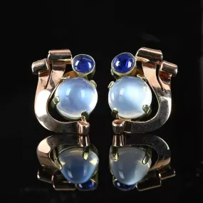 Retro 1940s Moonstone & Sapphire Earrings in 14K Gold