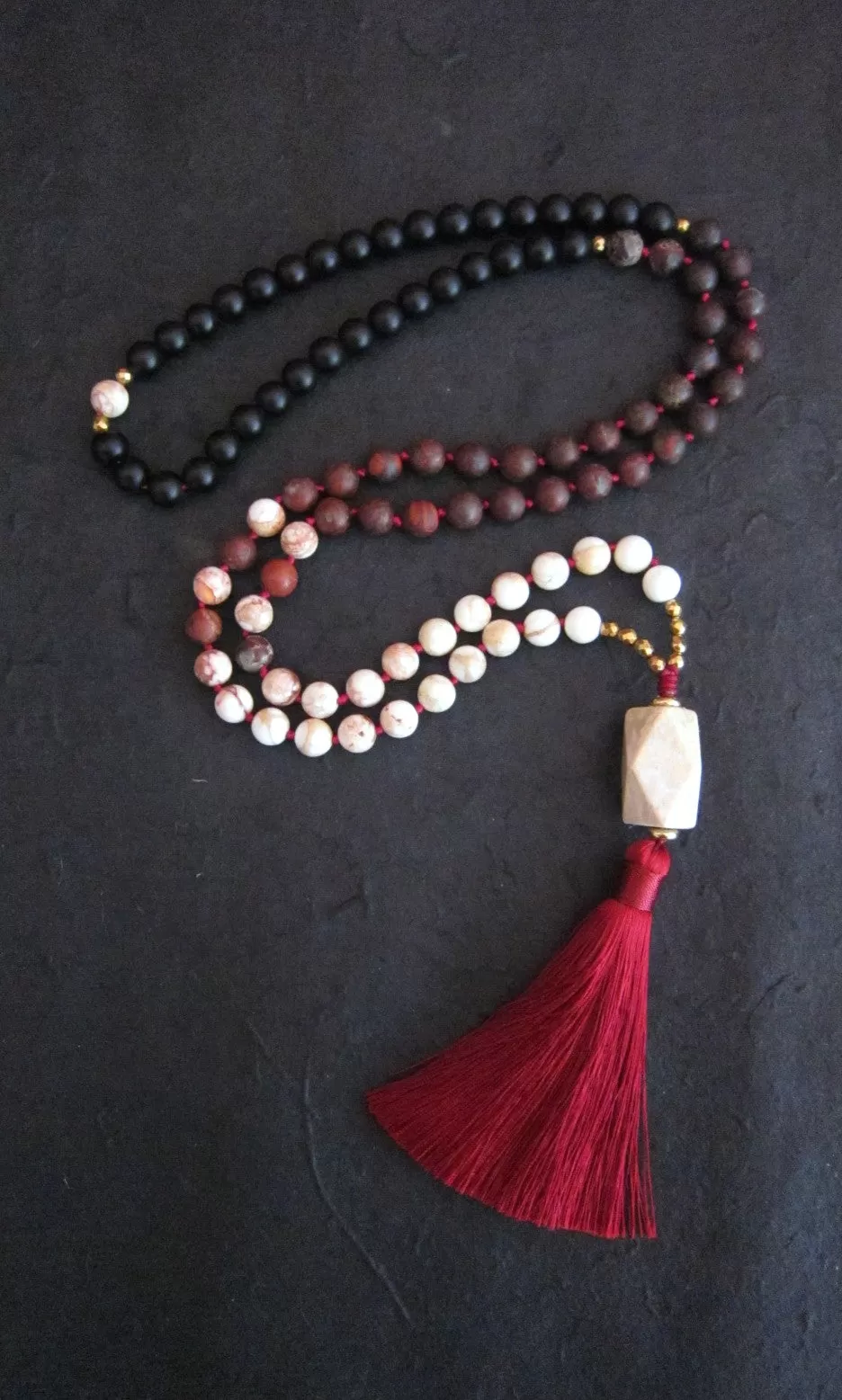 SALE - Red Imperial Mala Jasper Onyx Tassel Necklace