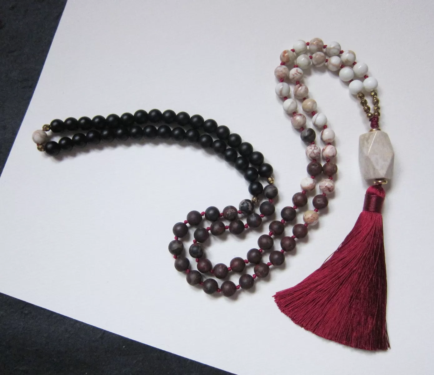 SALE - Red Imperial Mala Jasper Onyx Tassel Necklace