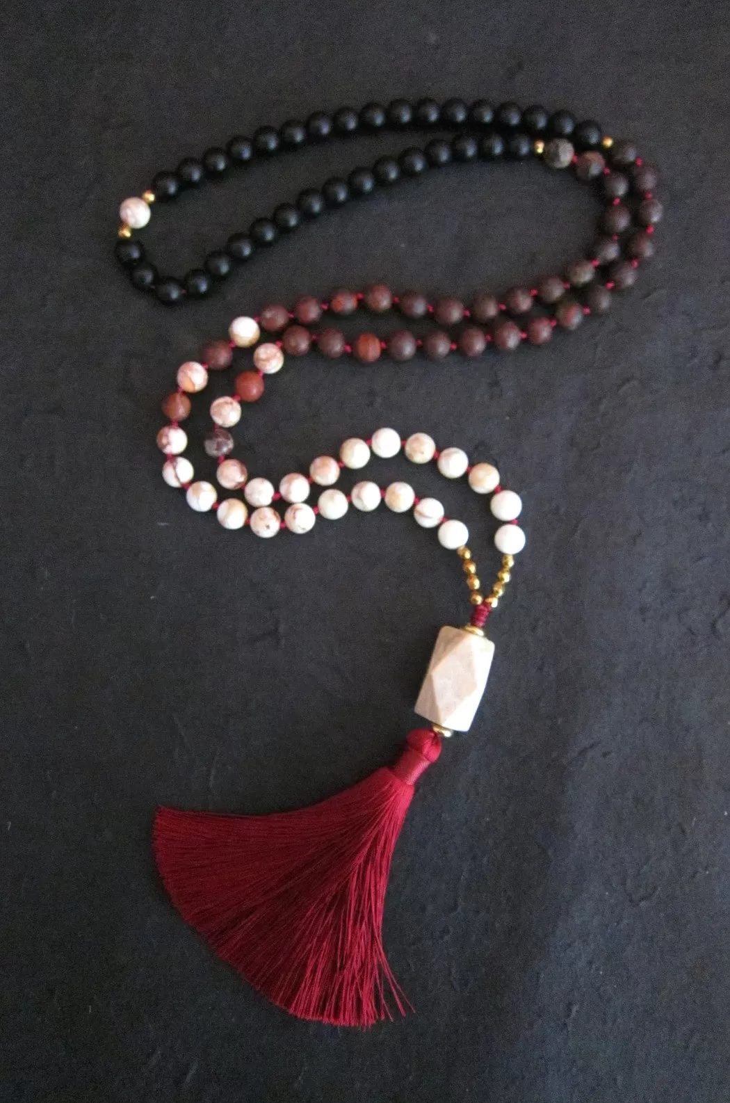 SALE - Red Imperial Mala Jasper Onyx Tassel Necklace