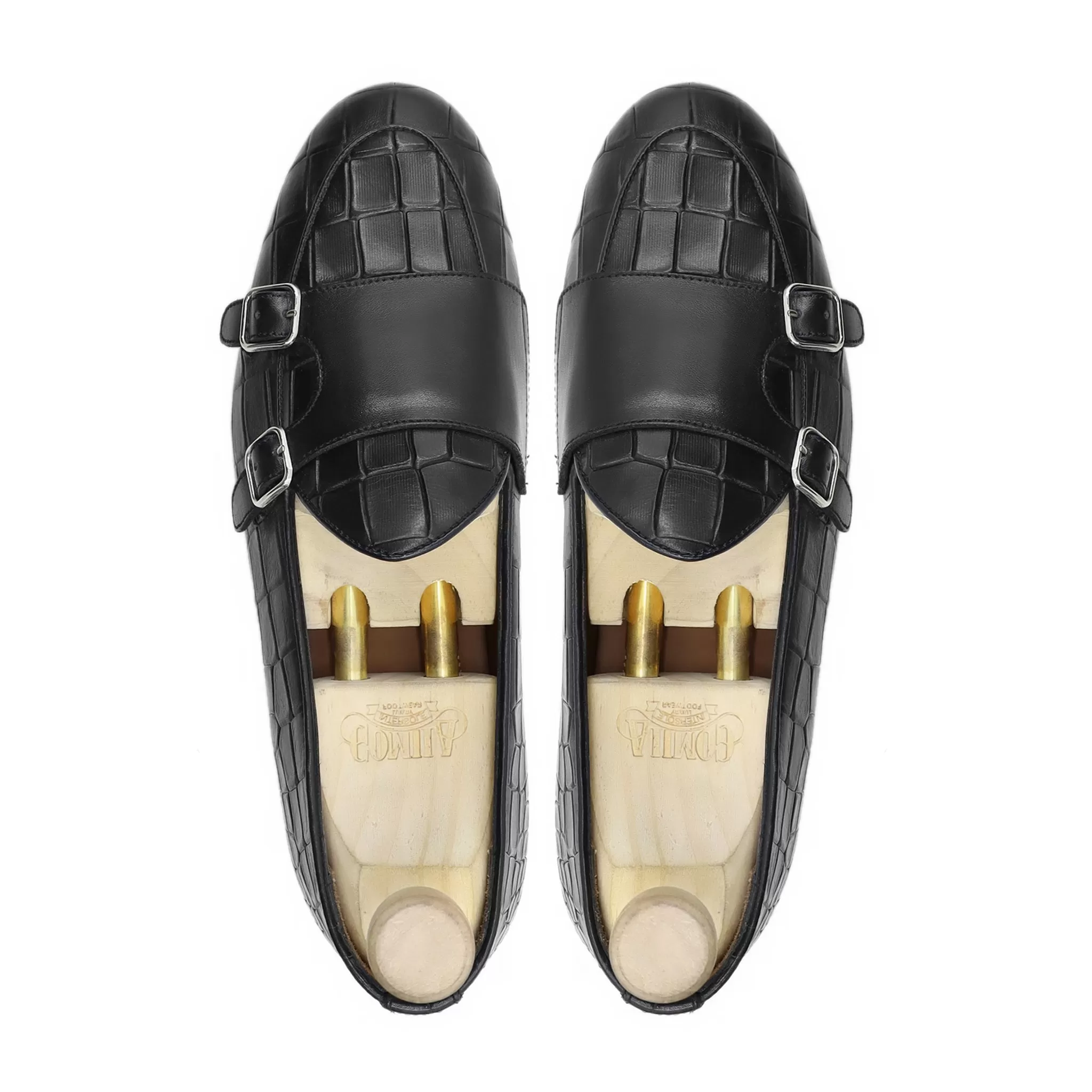 Septarian - Men's Black Calf And Printed Crocodile Leather Double Monkstrap