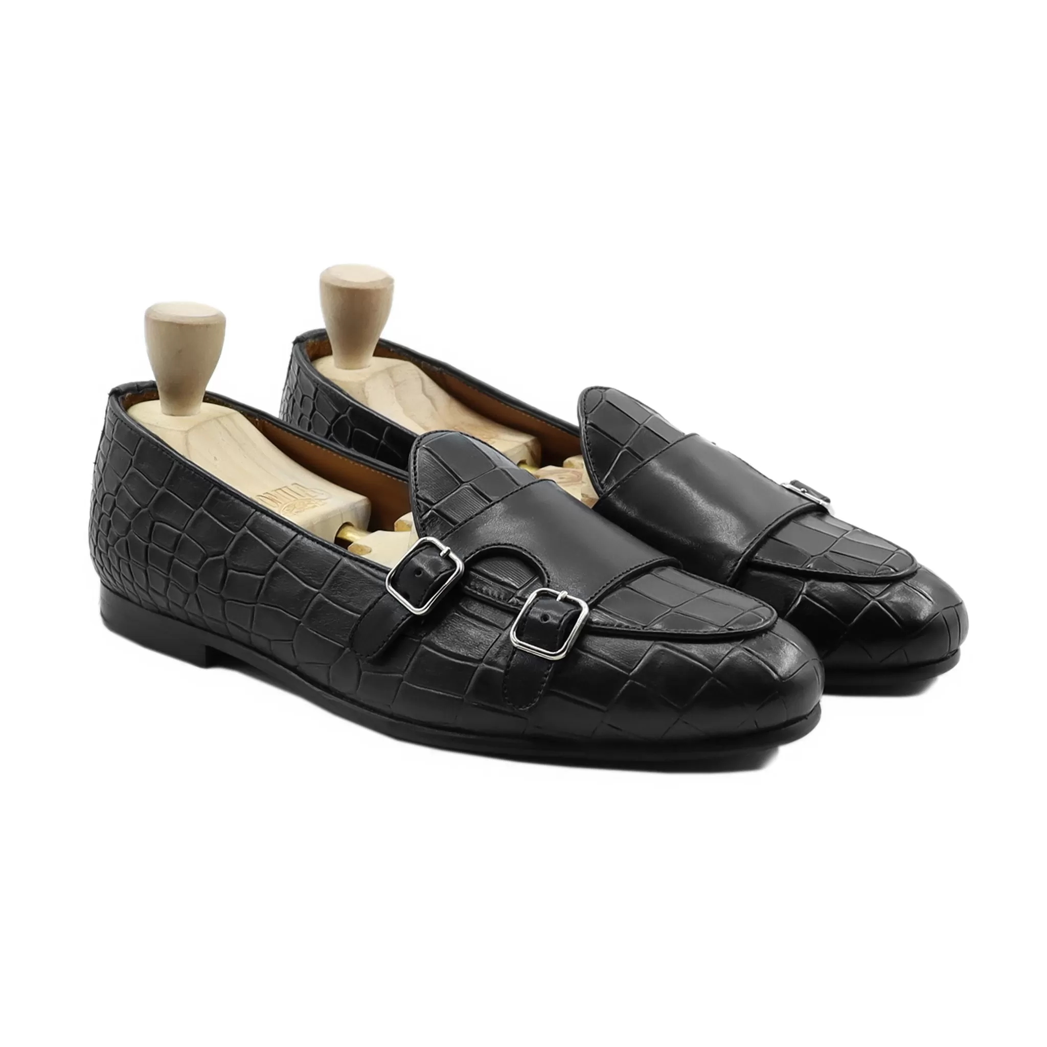 Septarian - Men's Black Calf And Printed Crocodile Leather Double Monkstrap