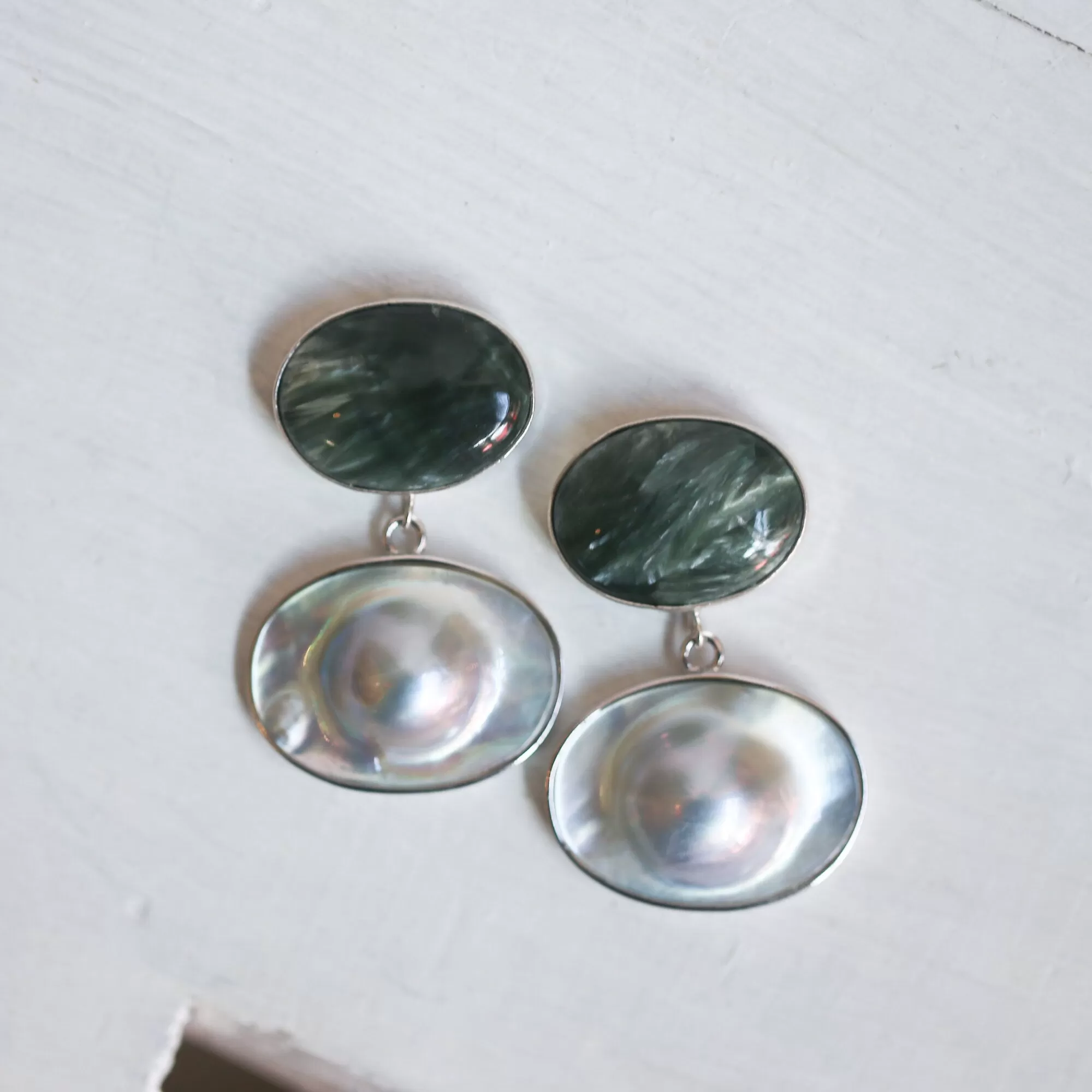 Seraphinite and Blister Pearl Earrings - Pearl Drop Earrings - Silversmith - OOAK