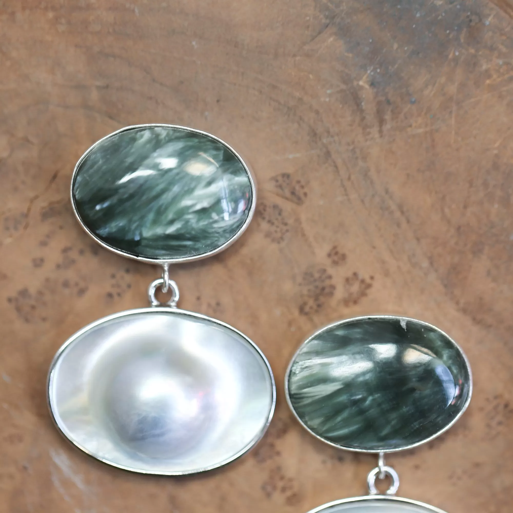 Seraphinite and Blister Pearl Earrings - Pearl Drop Earrings - Silversmith - OOAK