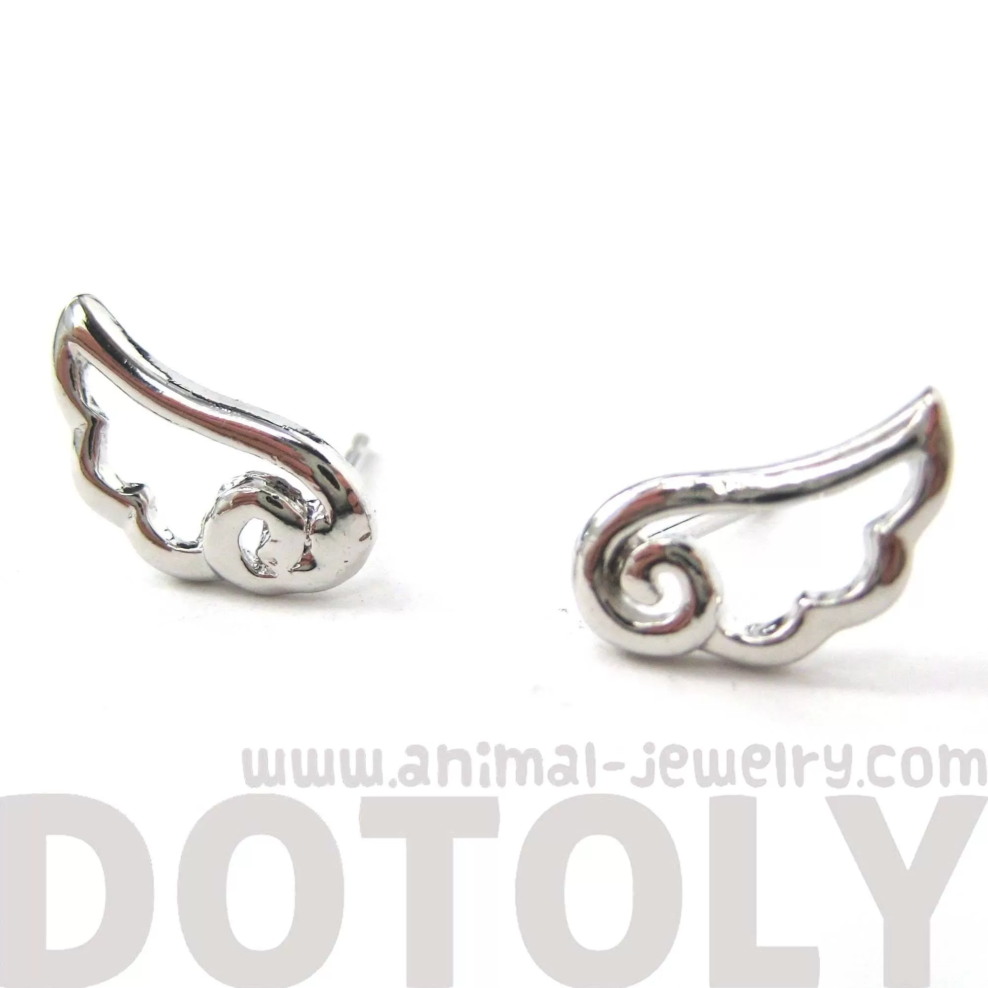 Small Angel Wings Feather Outline Stud Earrings in Silver | DOTOLY