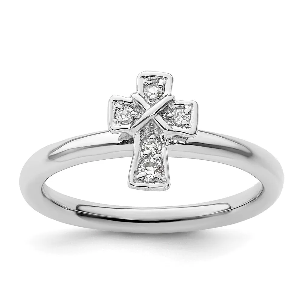 Stackable Expressions Rhodium White Topaz Cross Ring in Sterling Silver