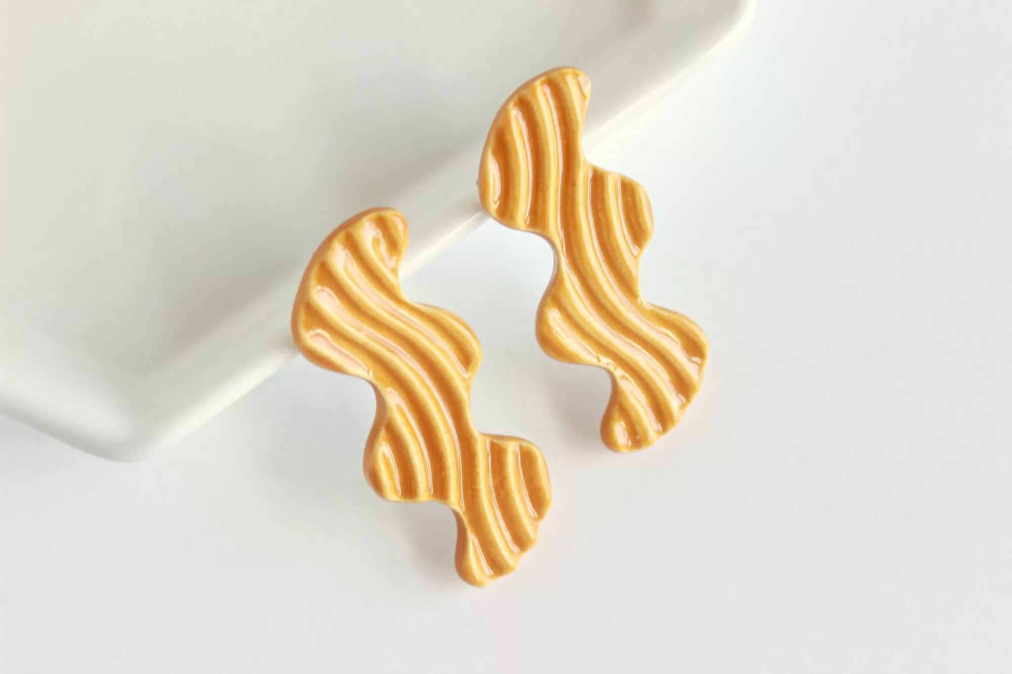 Stamped Squiggle Long Stud Earrings