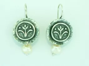 Sterling Silver Earrings Israeli earrings dangling Flower of Lys pearl earrings