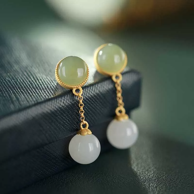 Sterling Silver Green and White Jade Drop Earrings