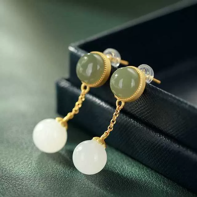 Sterling Silver Green and White Jade Drop Earrings