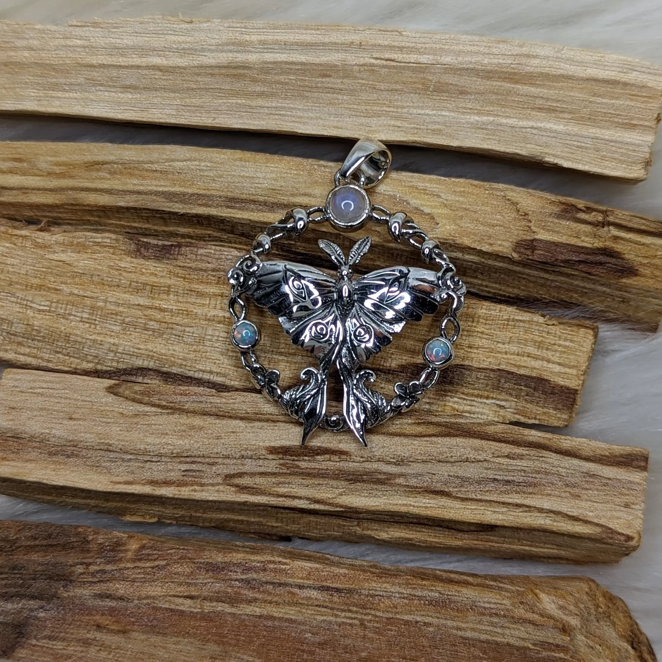 Sterling Silver Moth Pendant with Mystic Topaz & Moonstone ~ Includes Silver Chain