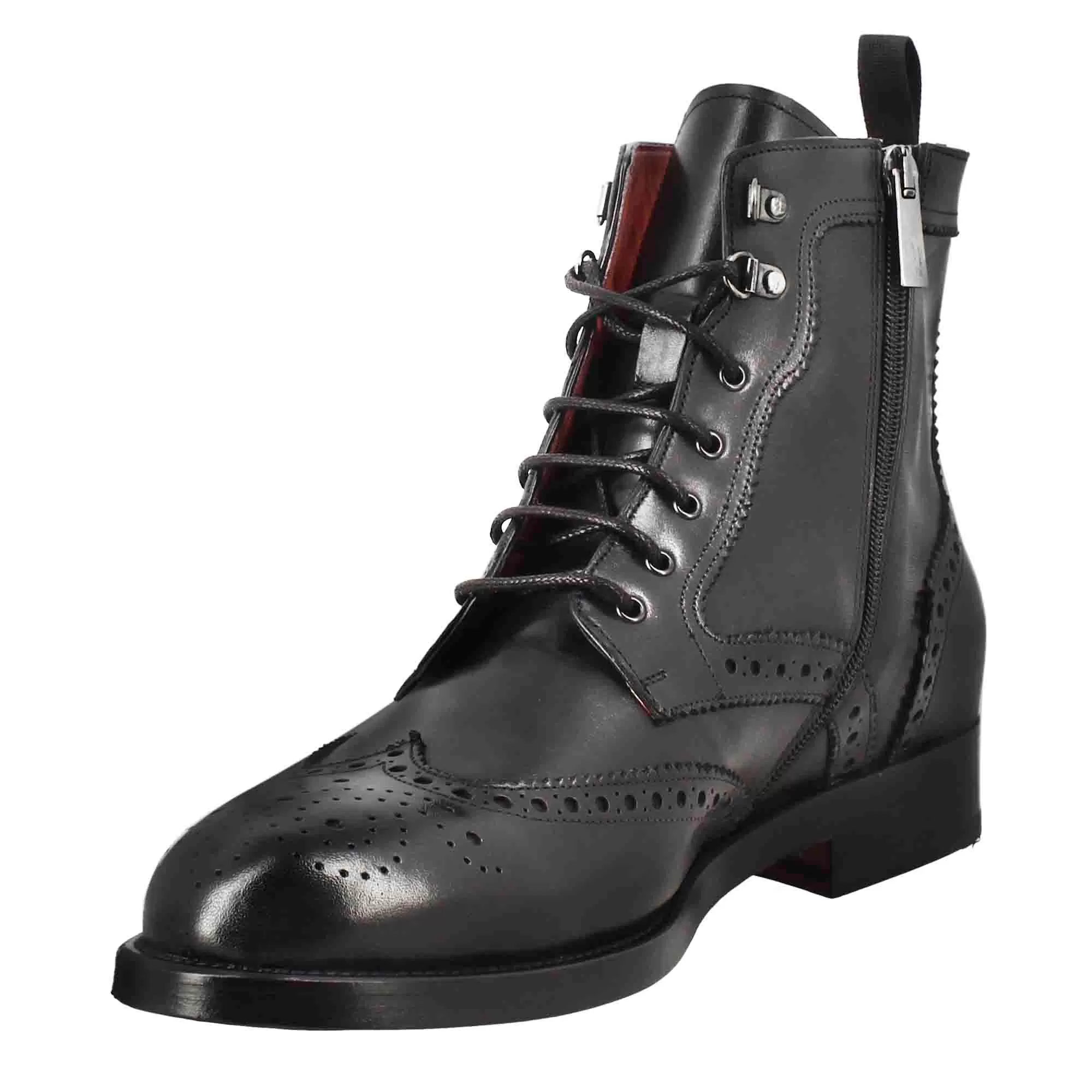 Stivaletto anfibio alto con lavorazione brogue da uomo in pelle colore nero