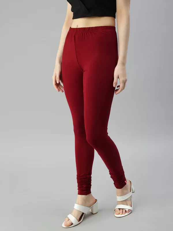 Super Stretchable Rayon Elastane Fabric Dark Maroon Leggings For Women