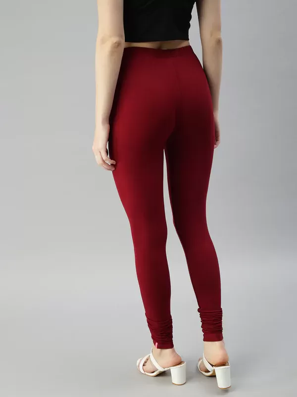 Super Stretchable Rayon Elastane Fabric Dark Maroon Leggings For Women