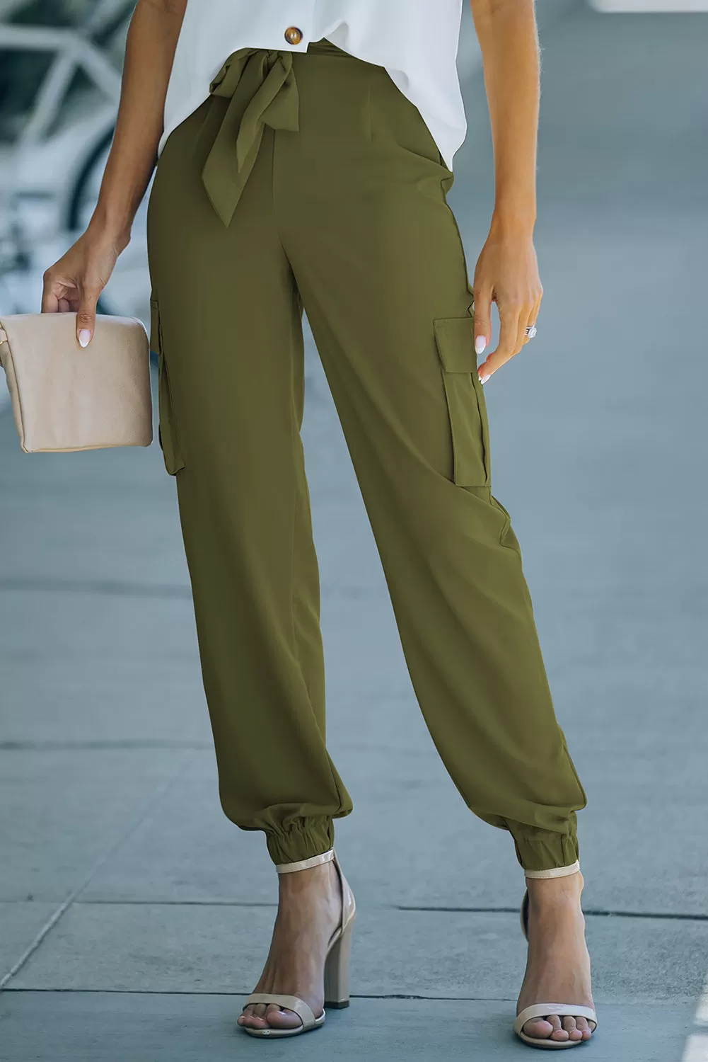 Tie Front High Waist Cargo Joggers