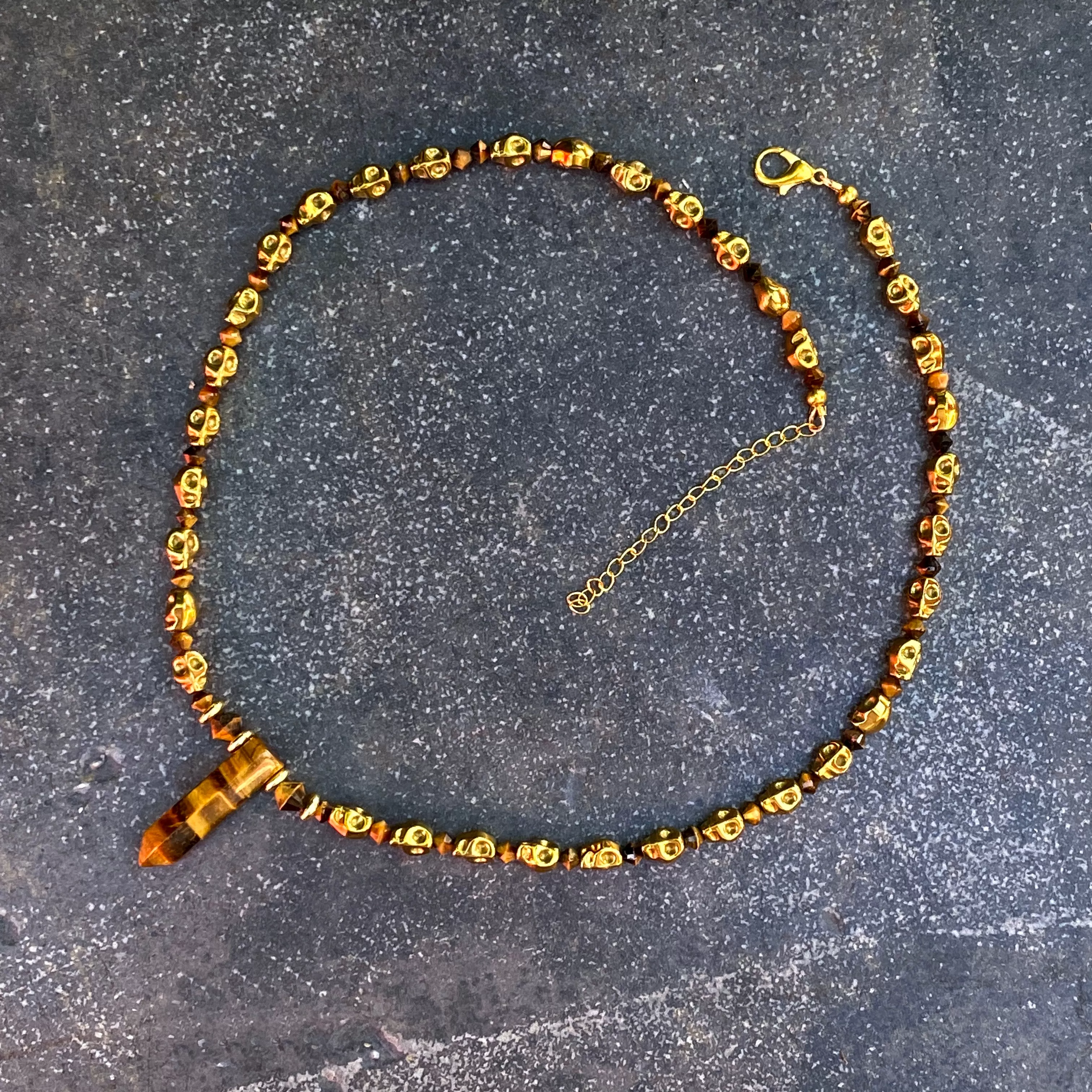 Tiger Eye and Hematite Skull Necklace