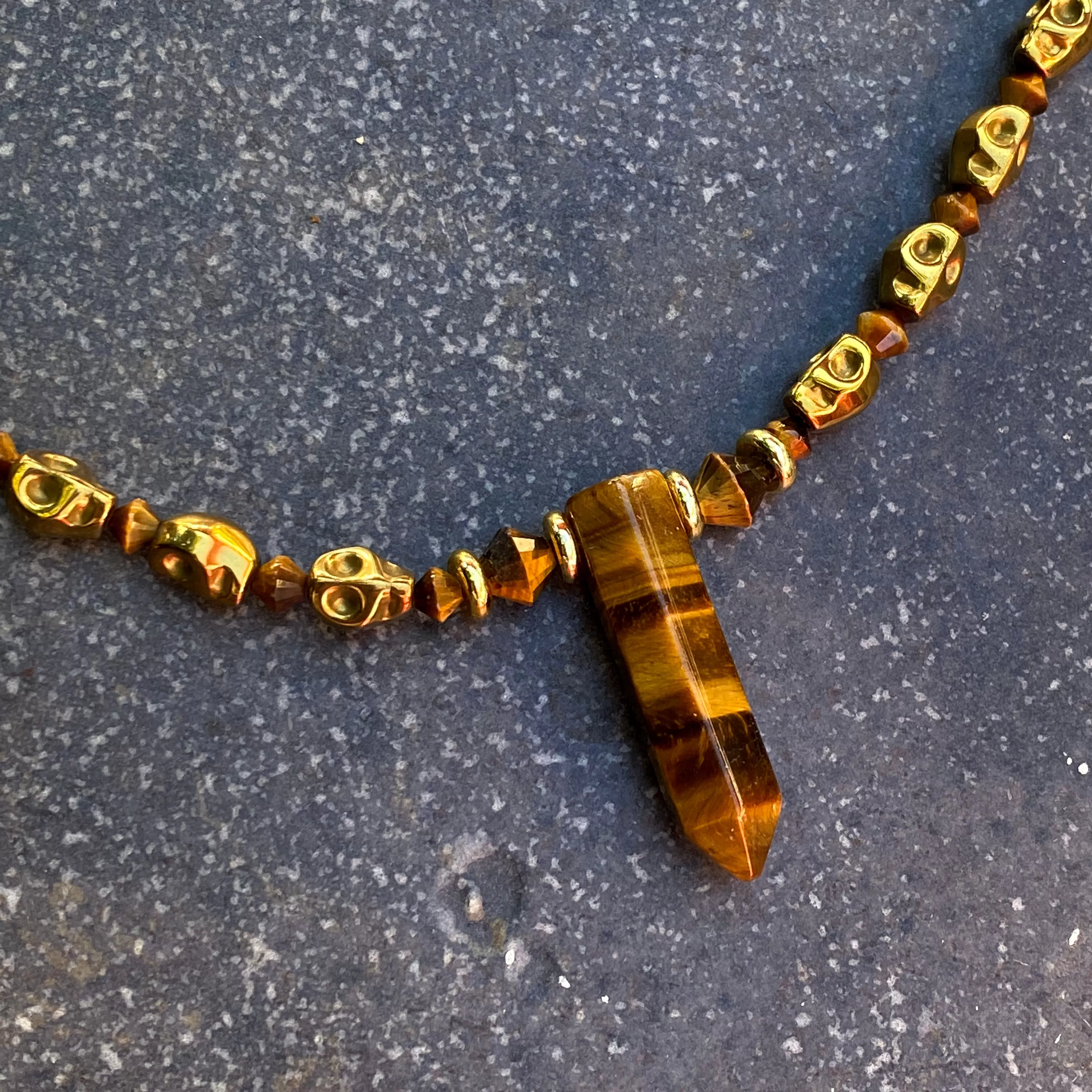 Tiger Eye and Hematite Skull Necklace