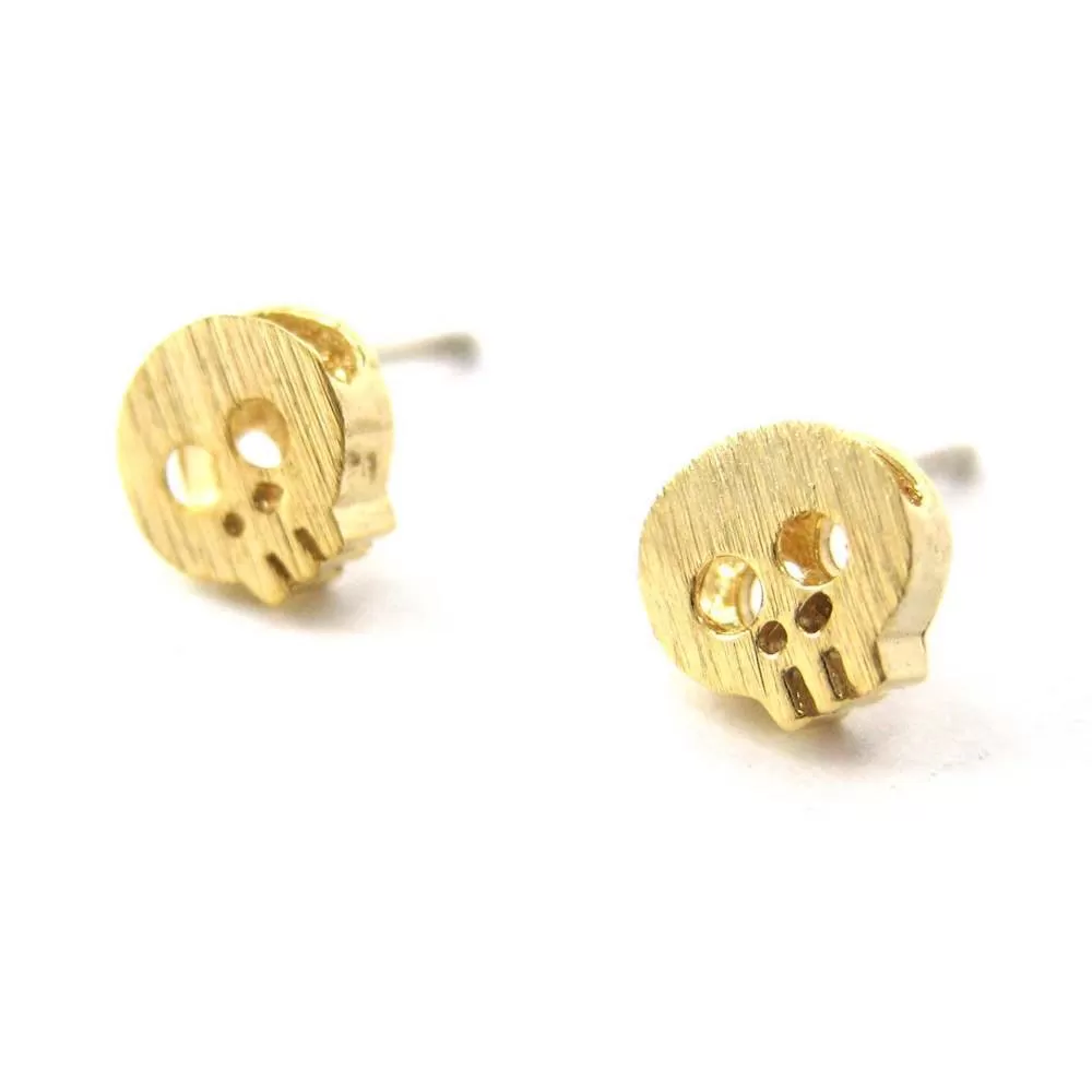 Tiny Skull Shaped Skeleton Stud Earrings in Gold with Sterling Silver Posts