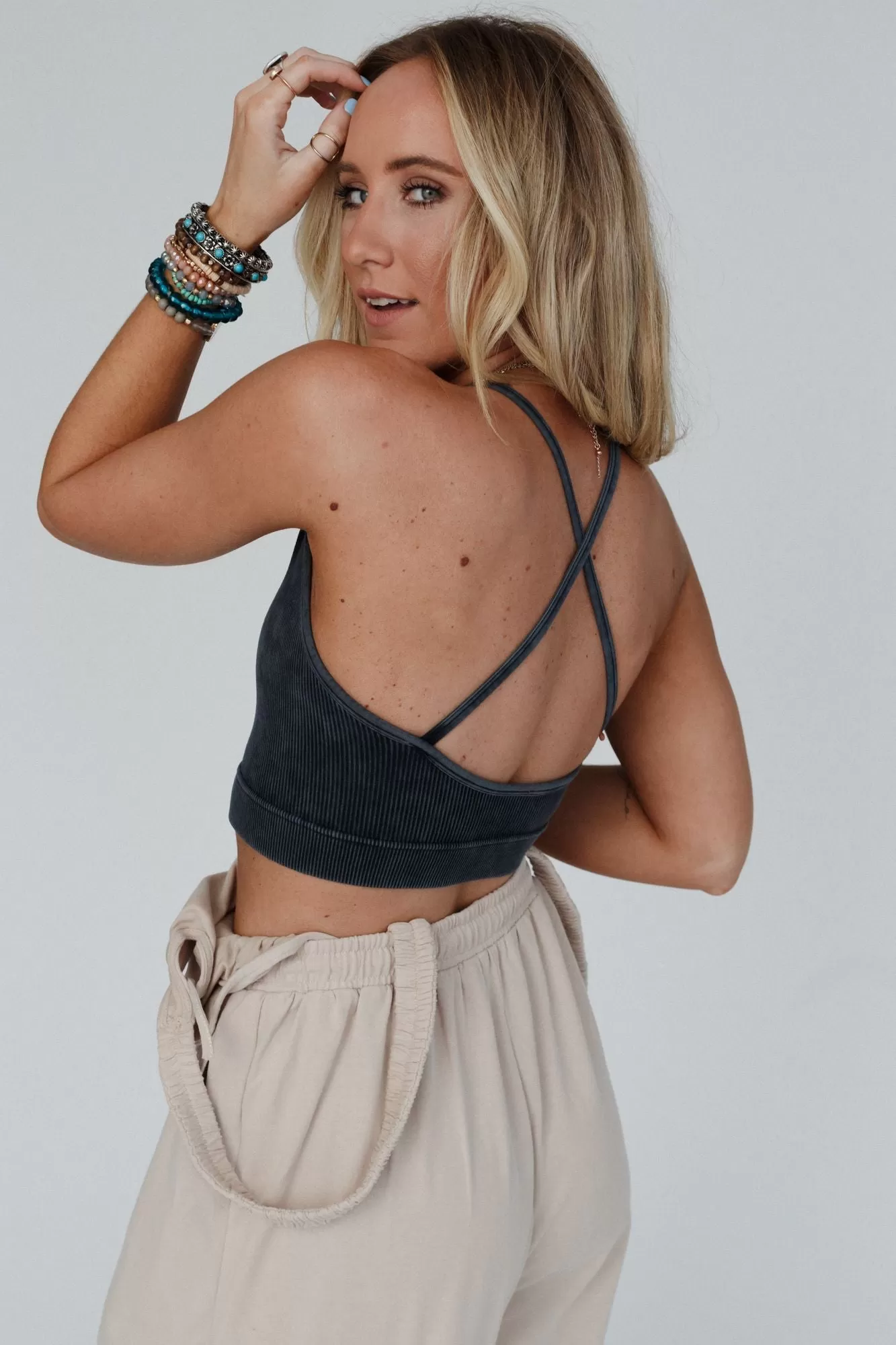 To The Sky Ribbed High Neck Bralette - Dark Gray