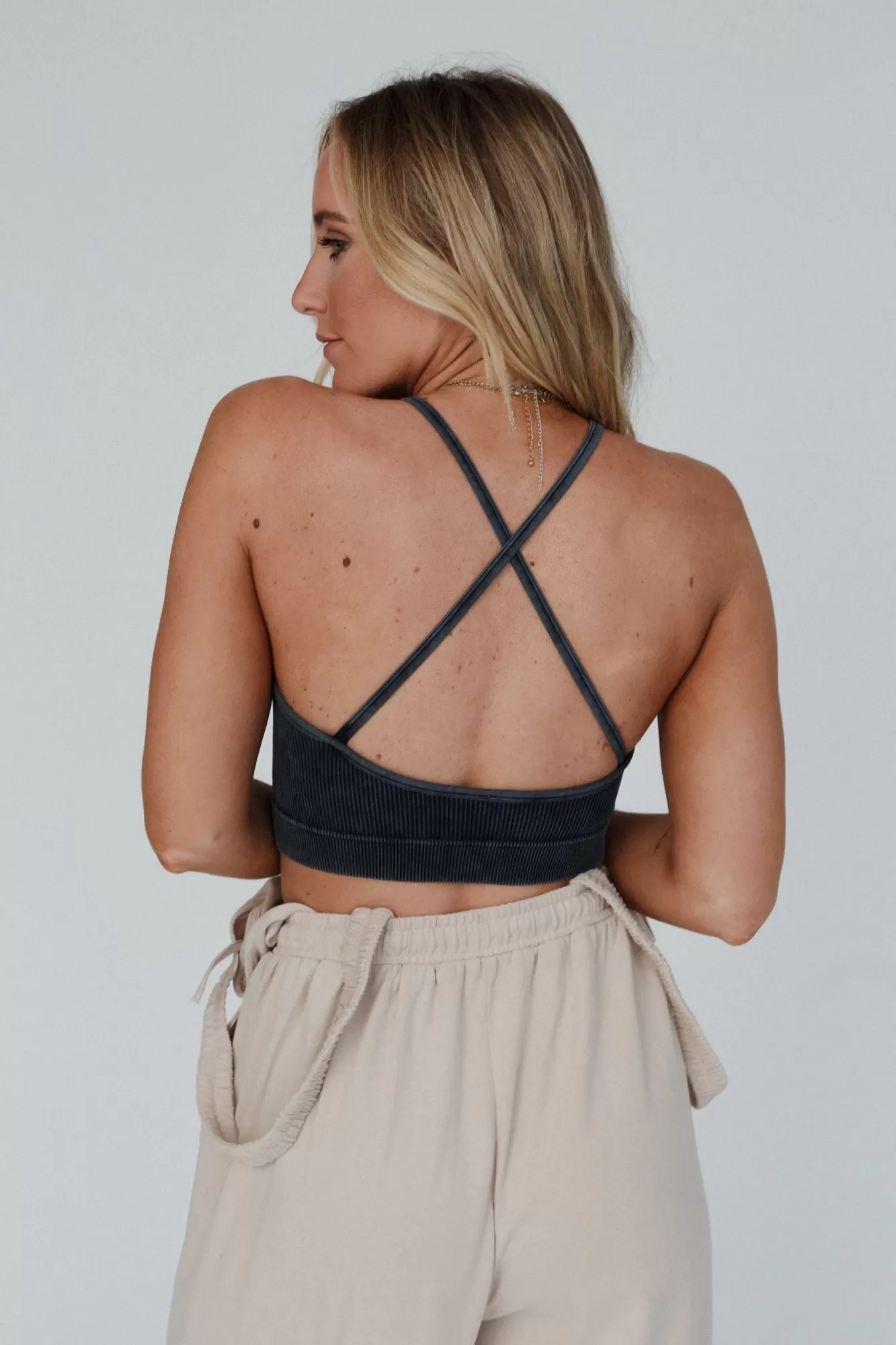 To The Sky Ribbed High Neck Bralette - Dark Gray