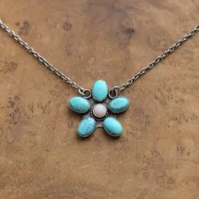 Turquoise & Pink Opal Flower Necklace - .925 Sterling Silver - Turquoise Pendants