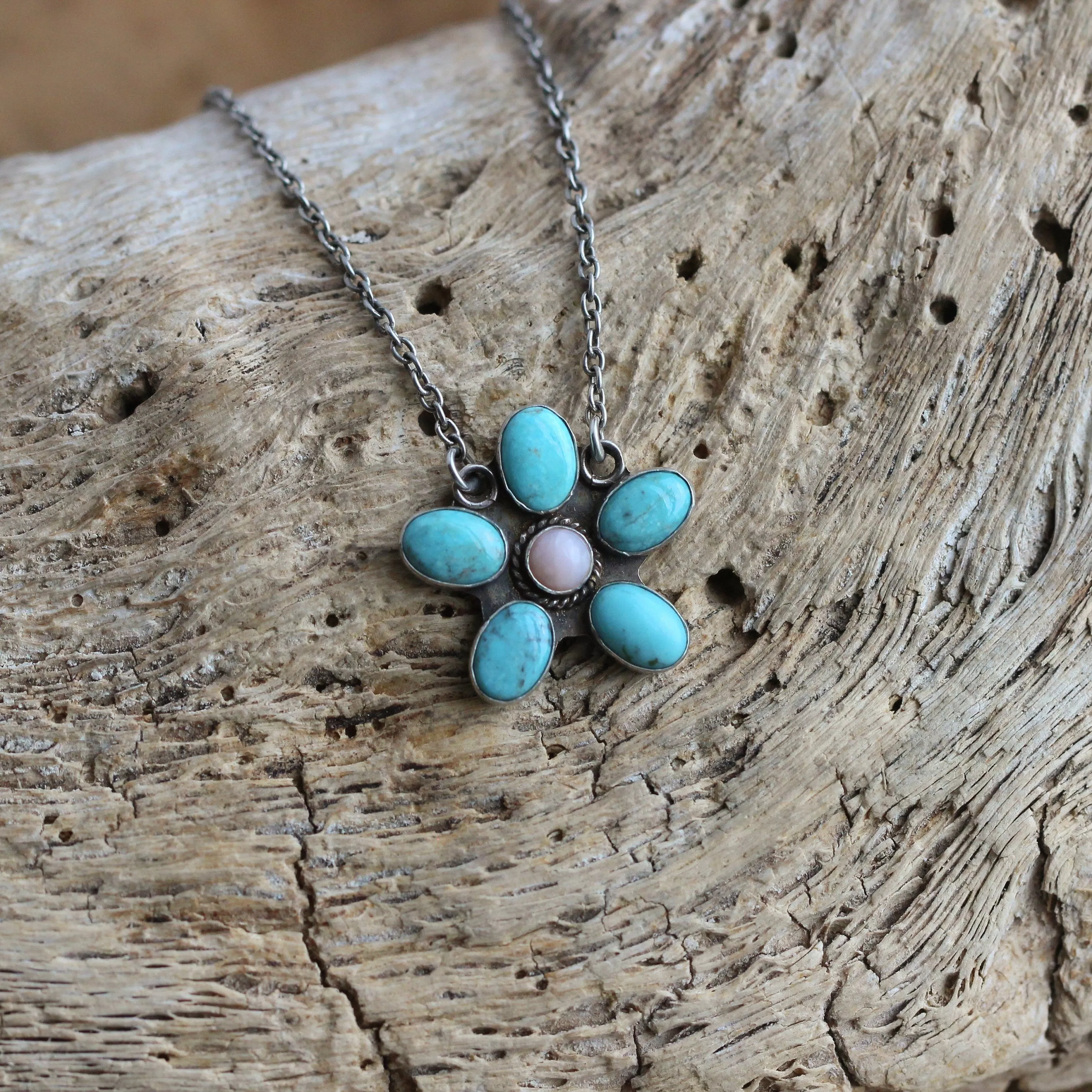 Turquoise & Pink Opal Flower Necklace - .925 Sterling Silver - Turquoise Pendants