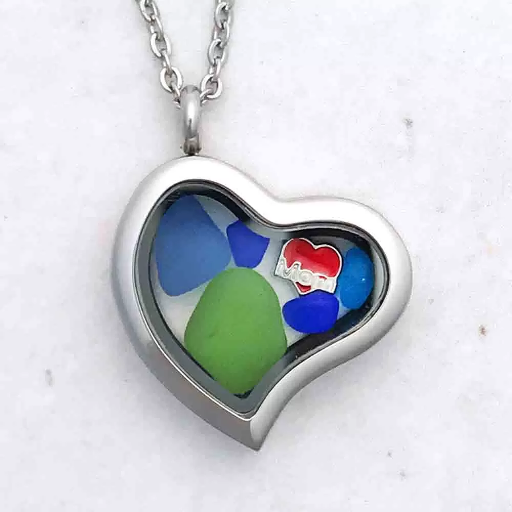 Turquoise, Blue & Green "I Love Mom" Sea Glass Locket | #1679