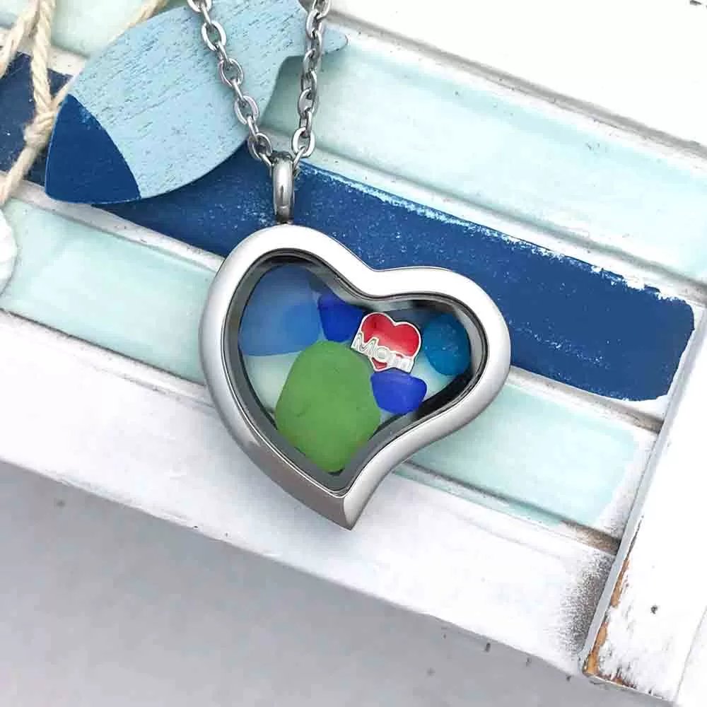 Turquoise, Blue & Green "I Love Mom" Sea Glass Locket | #1679