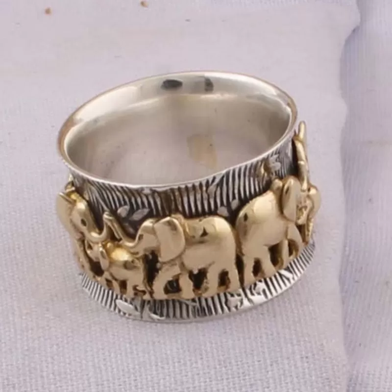 Two-Tone Elephant Vintage Textured Wide Band Ring