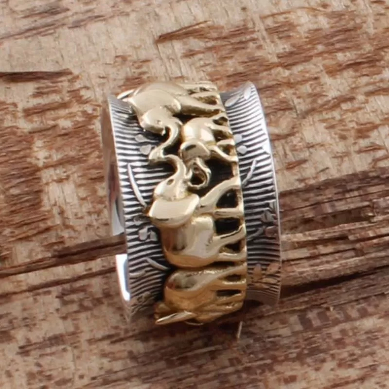 Two-Tone Elephant Vintage Textured Wide Band Ring