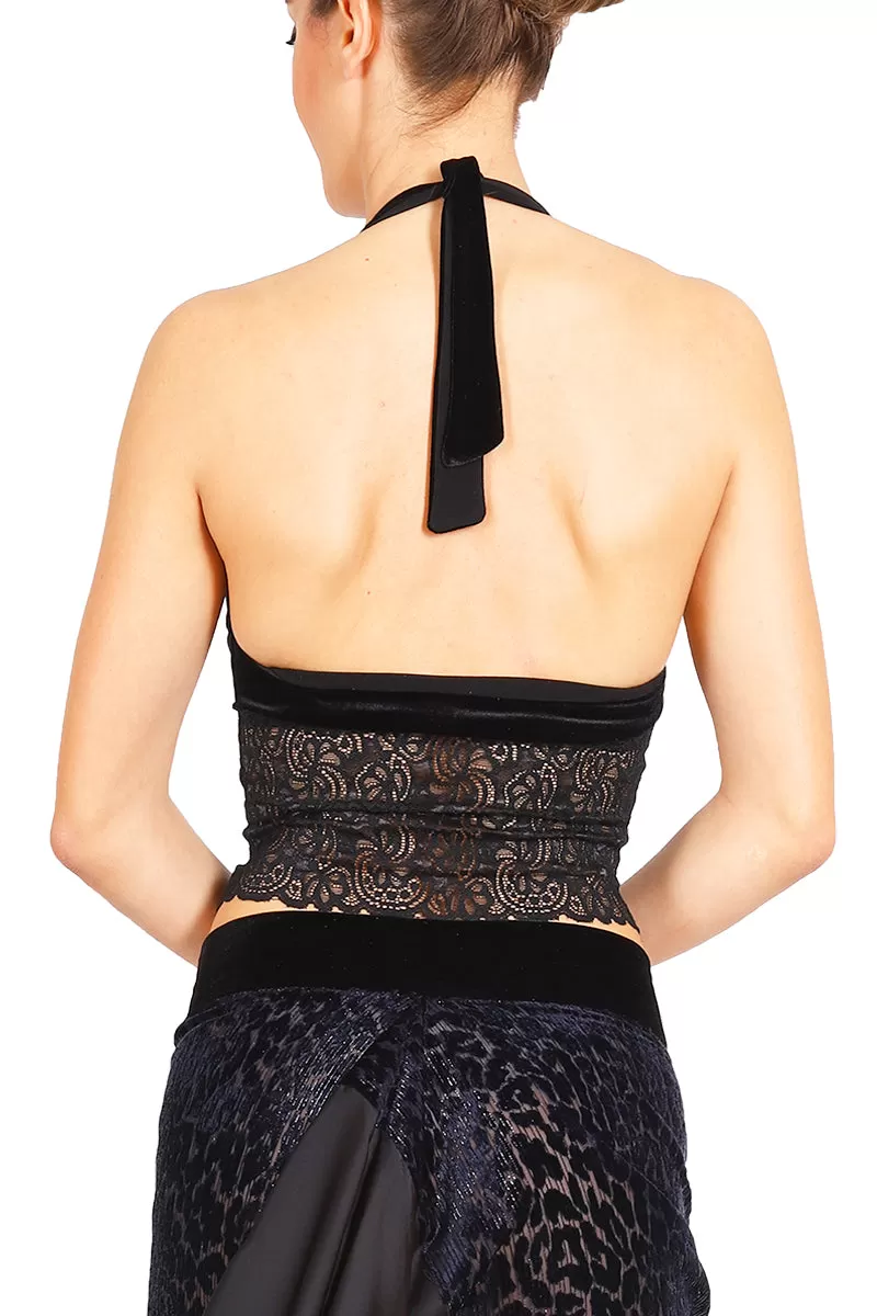 Velvet Halter-neck Tie Crop Top with Black Lace