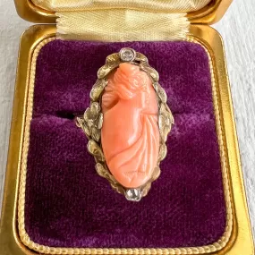 Victorian Coral Cameo & Diamond Ring