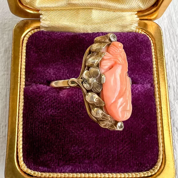 Victorian Coral Cameo & Diamond Ring