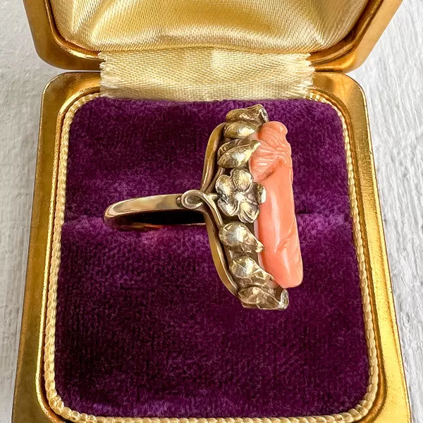 Victorian Coral Cameo & Diamond Ring