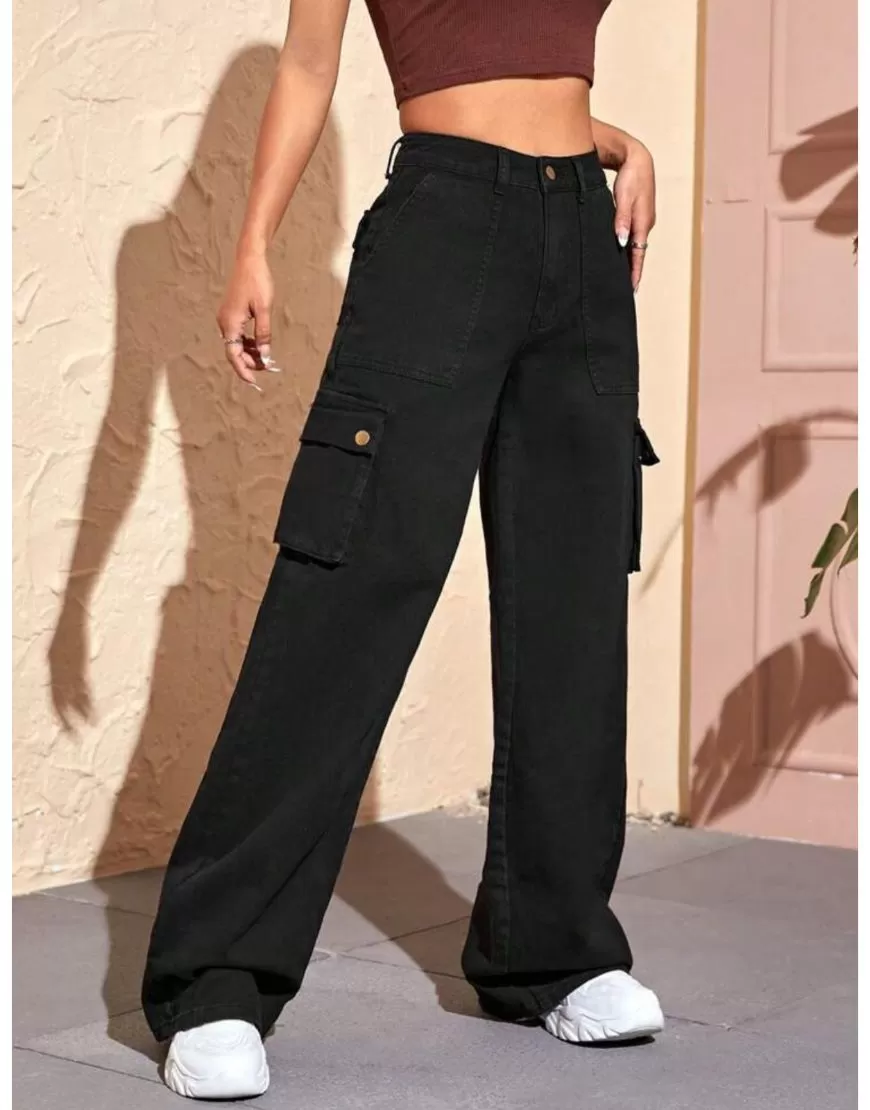 Wide Leg Flap Pocket Cargo Jeans Black