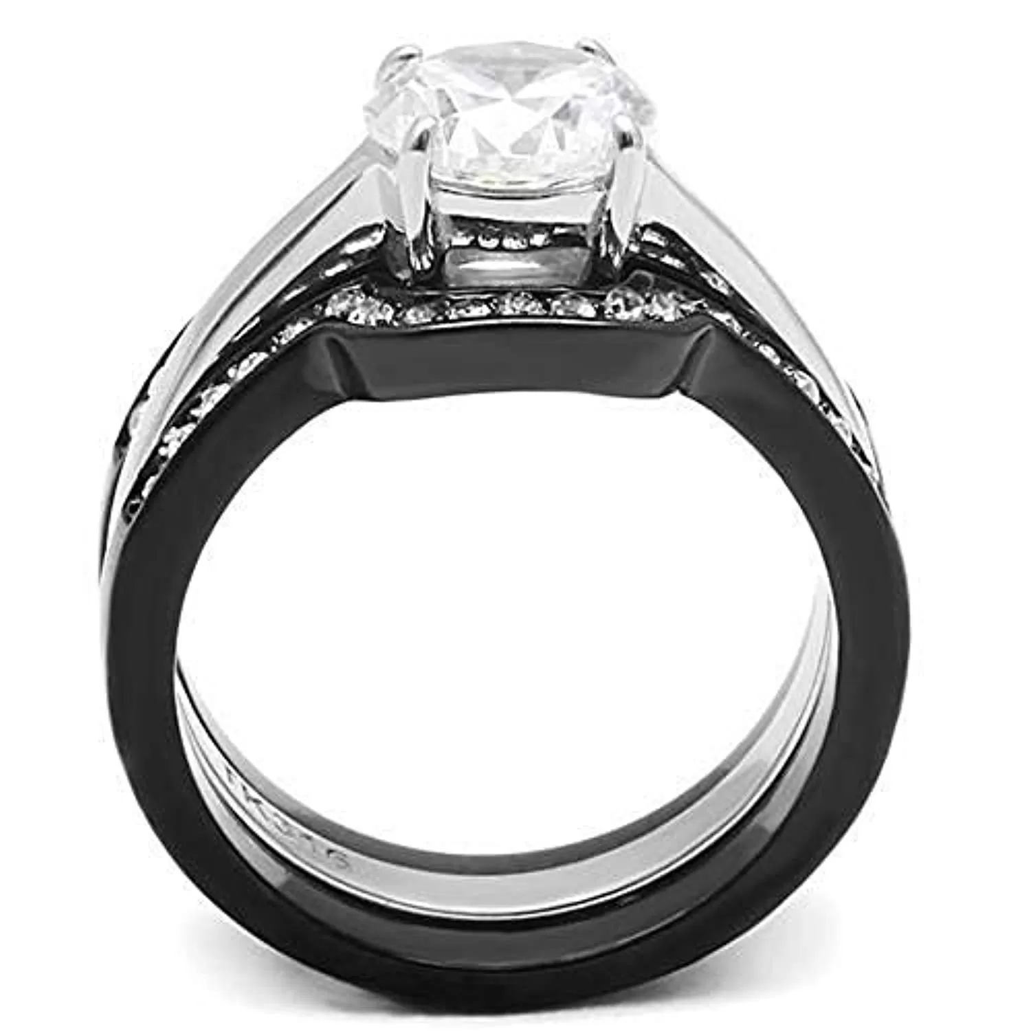 WildKlass Stainless Steel Ring Two-Tone IP Black Women AAA Grade CZ Clear